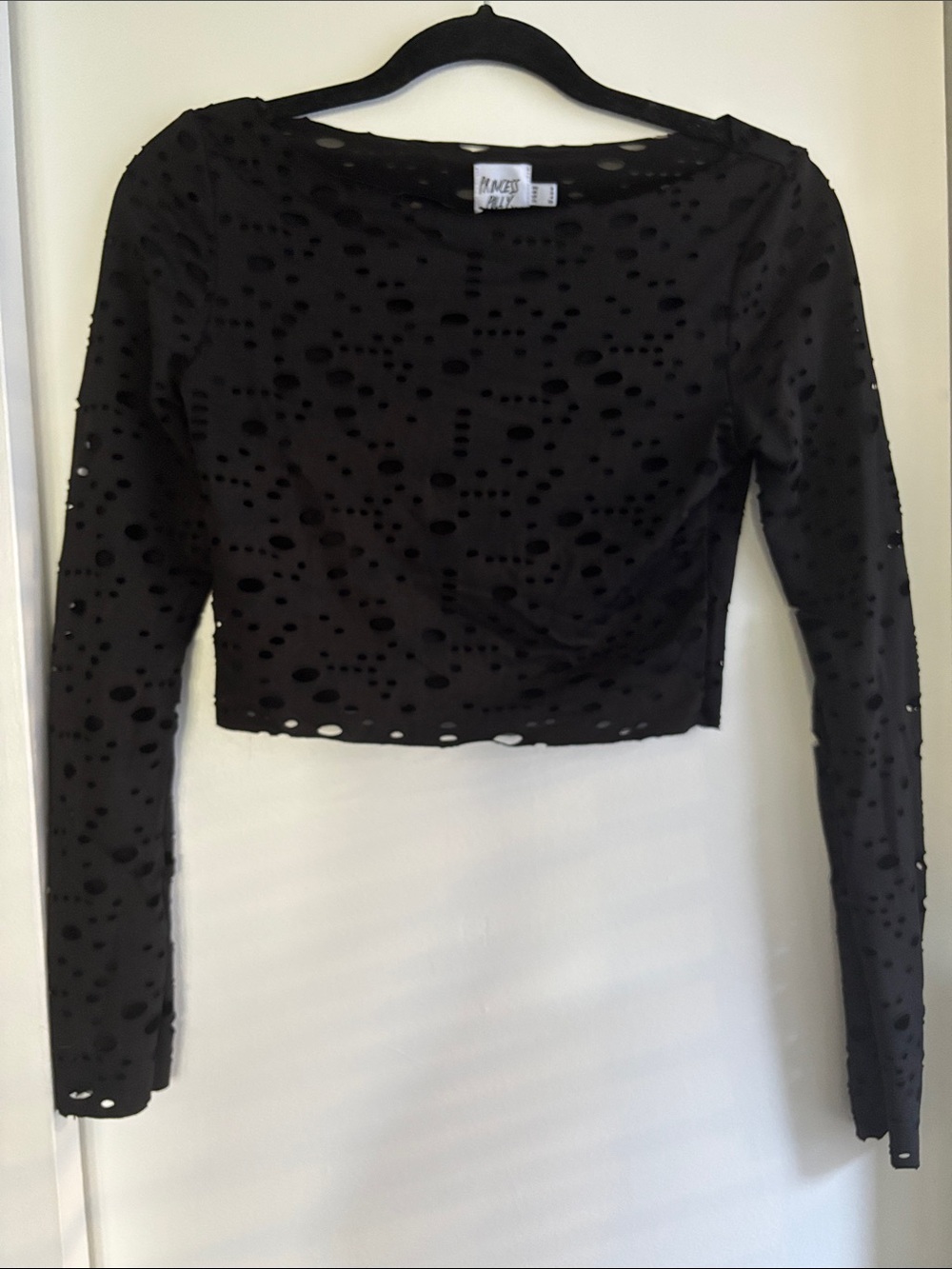 Princess Polly Black Long Sleeve Mesh Cut Out Crop Top Small 4